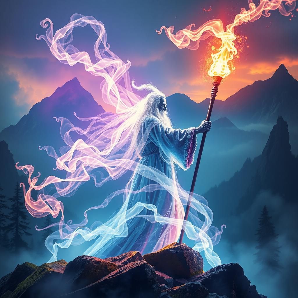 Ethereal Wizard Conjuring Energy in Mystical Realm