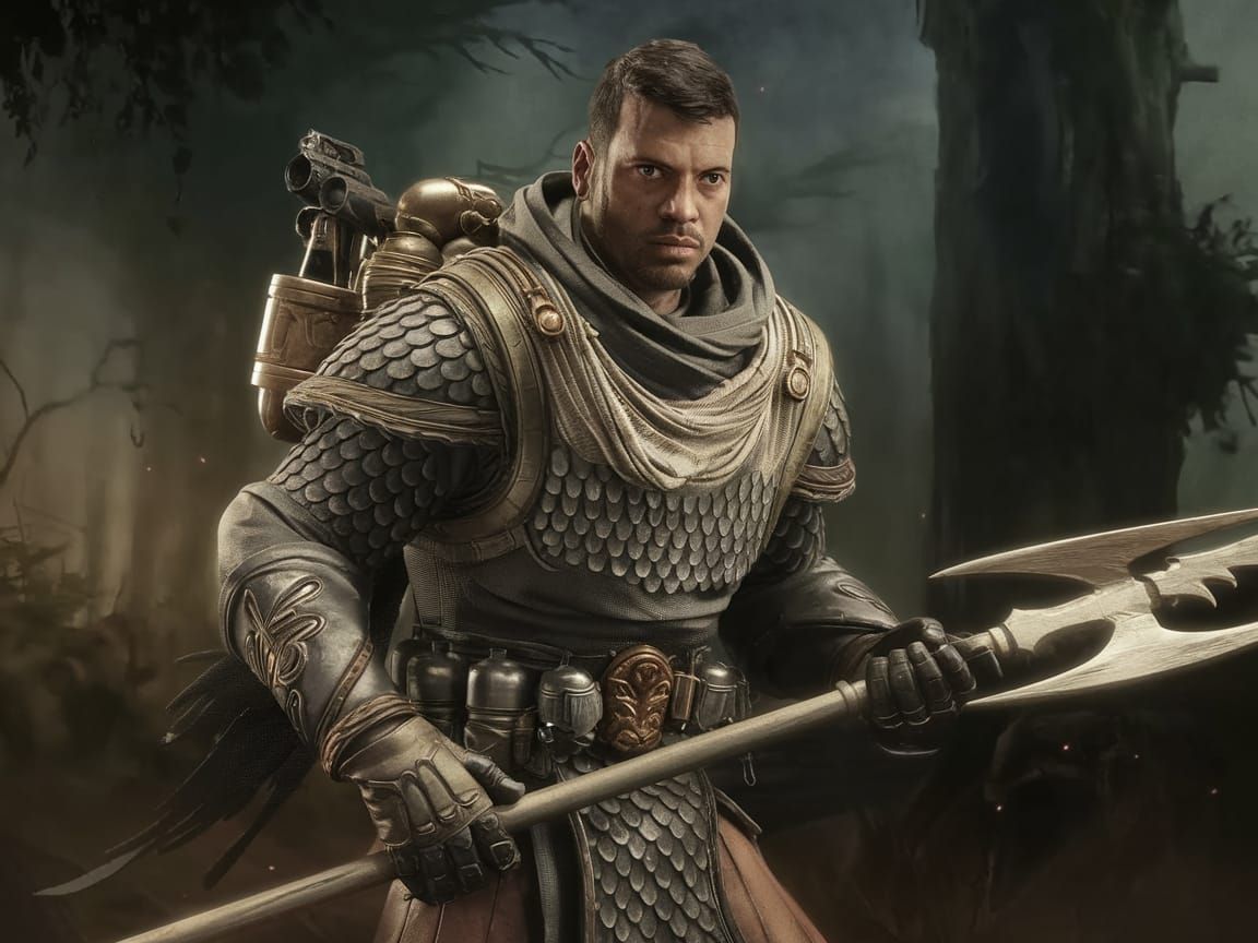 Armored Warrior with Spear in Misty Forest