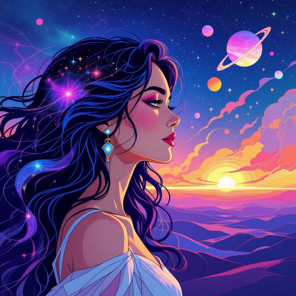 Ethereal Woman of Nebulae Gazes at Cosmic Horizon