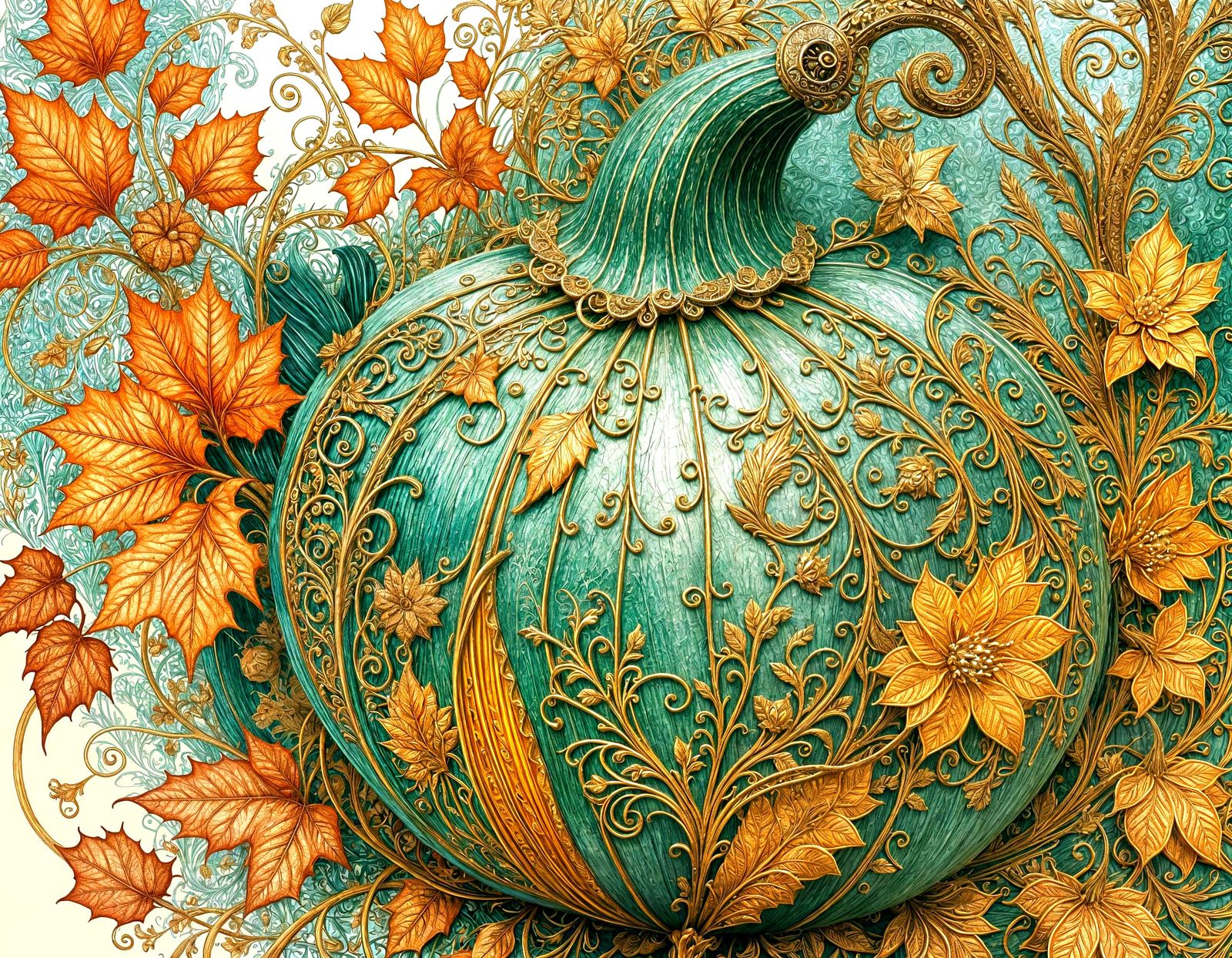 Autumn Gourd Portrait in Surreal Watercolor Style