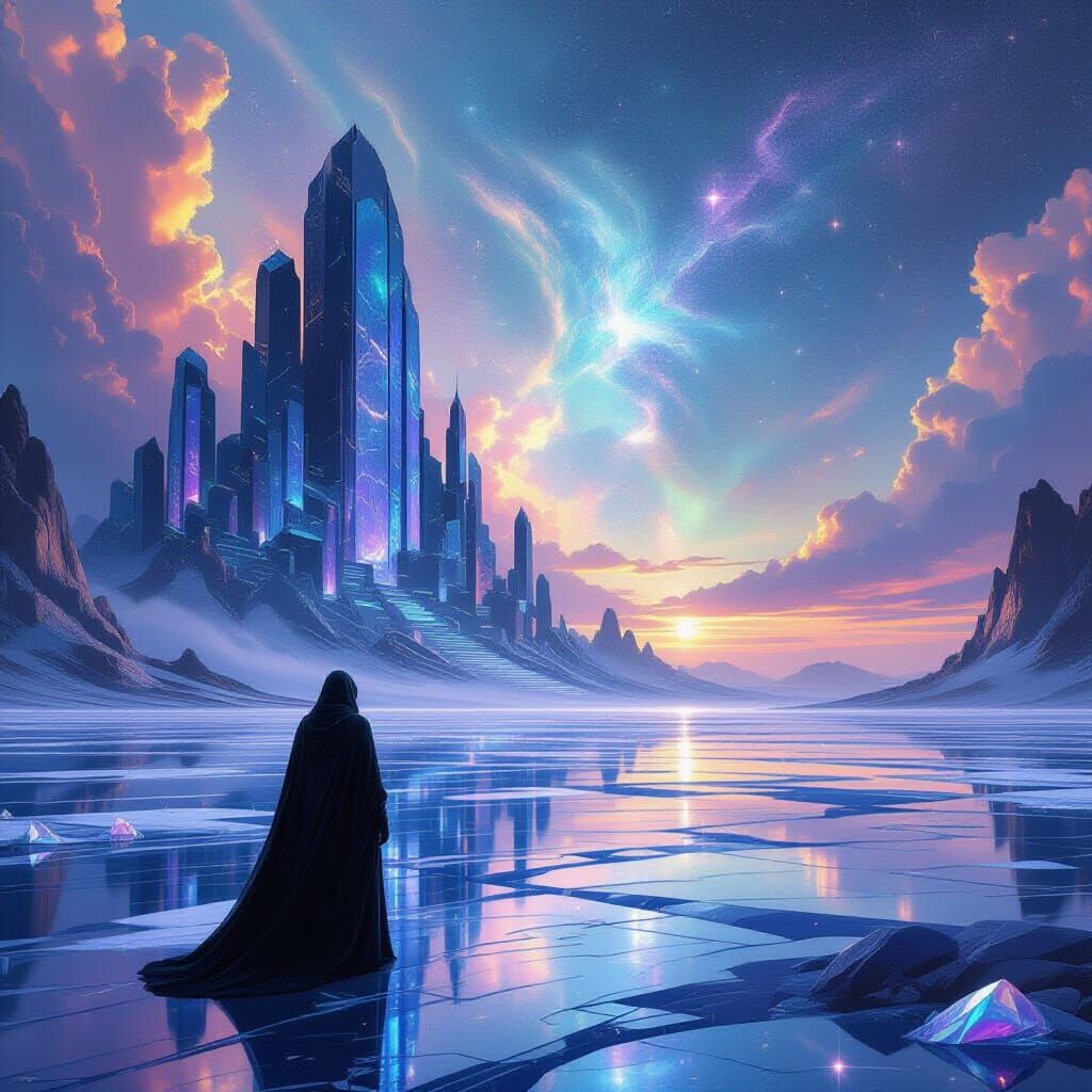Lone Figure on Crystalline Plain Under Nebula Sky