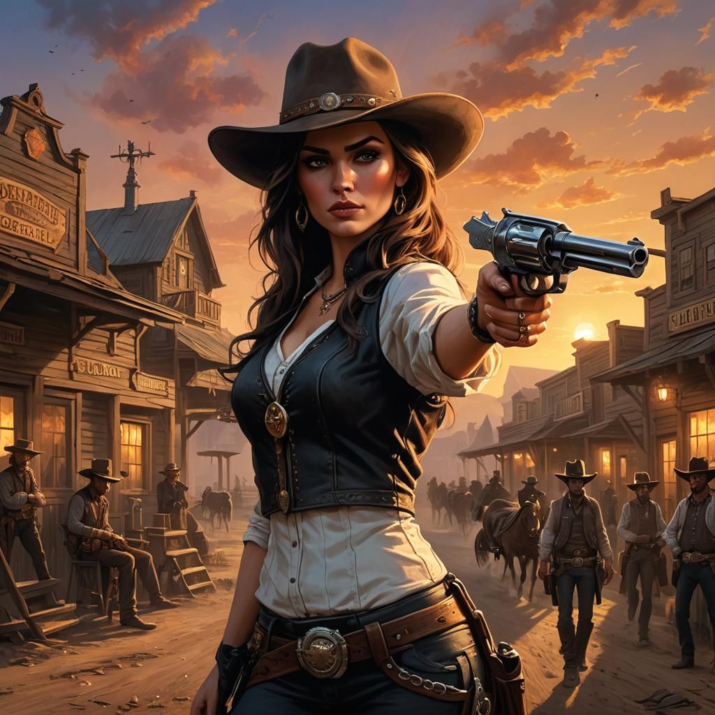 Outlaw Woman Points Gun in Old Western Sundown