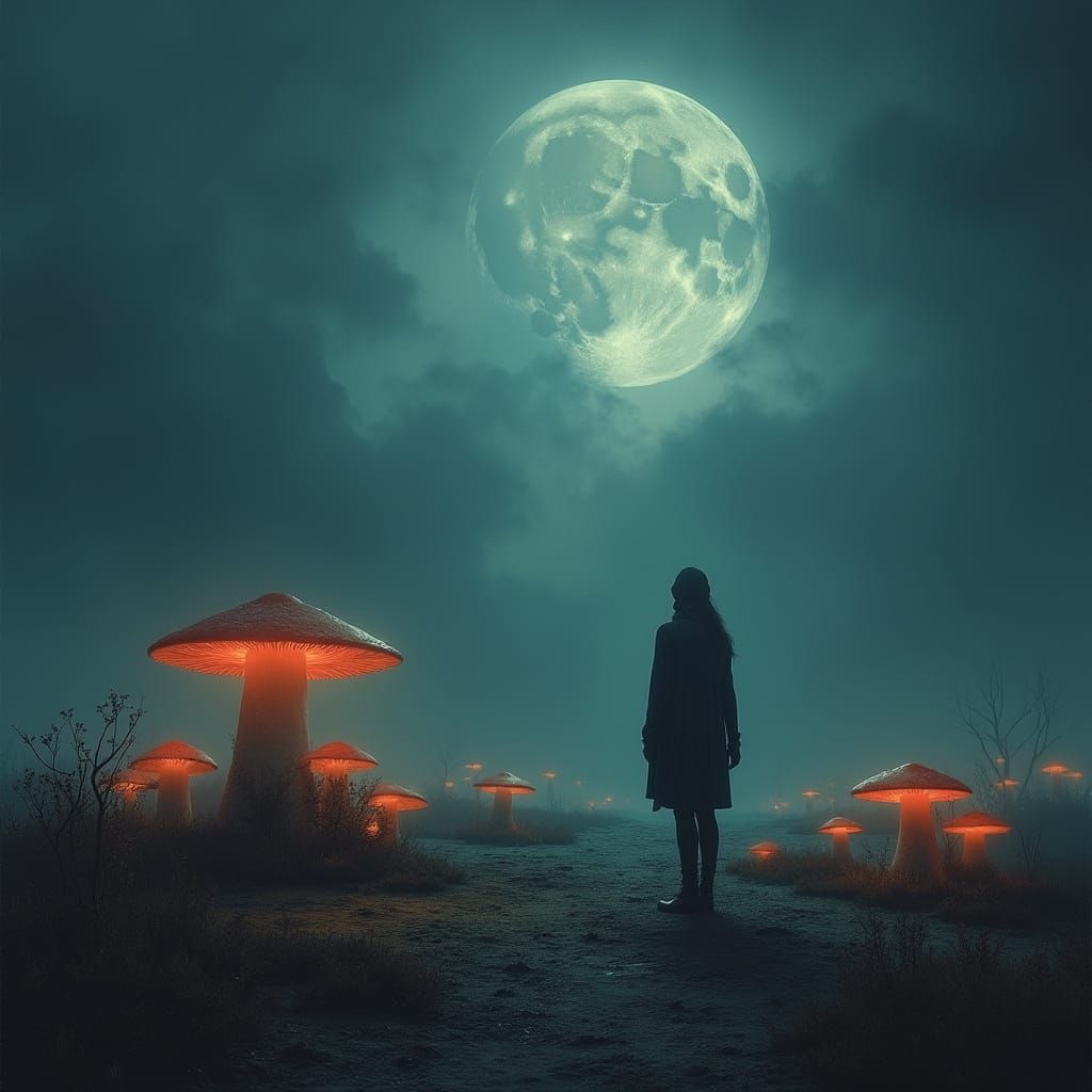 Mystical Figure in a Dreamlike Moonlit Landscape