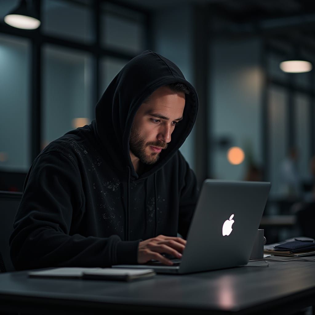Man in Moody Office, Focused on MacBook