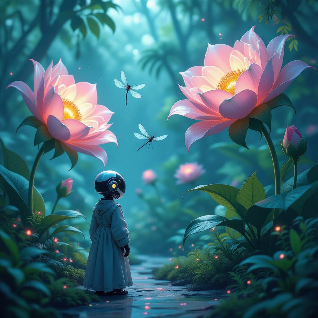 Bioluminescent Garden Maintained by Automaton, Hyperrealisti...