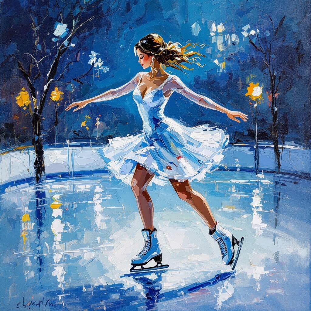Elegant Ice Skater in Expressive Acrylic Oil Painting