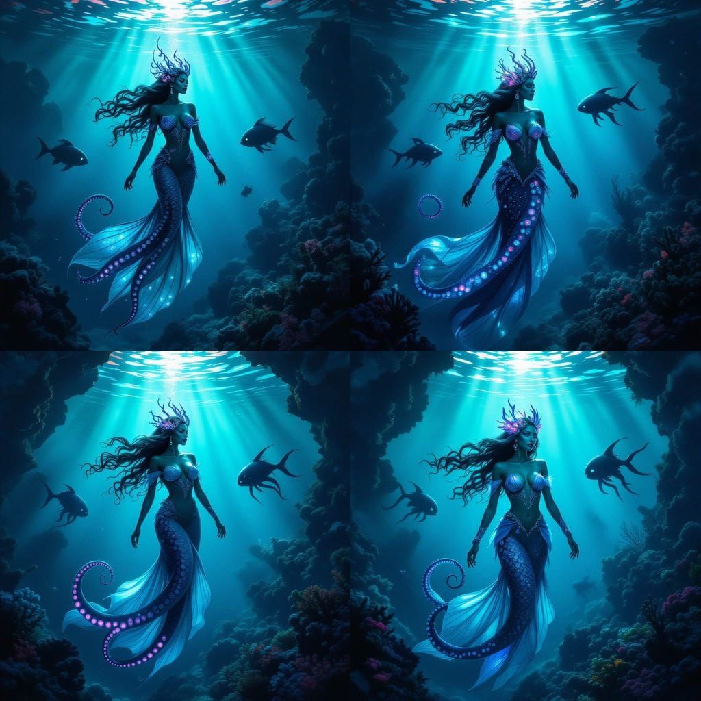 Octopus Mermaid in Bioluminescent Alien Ocean Trench