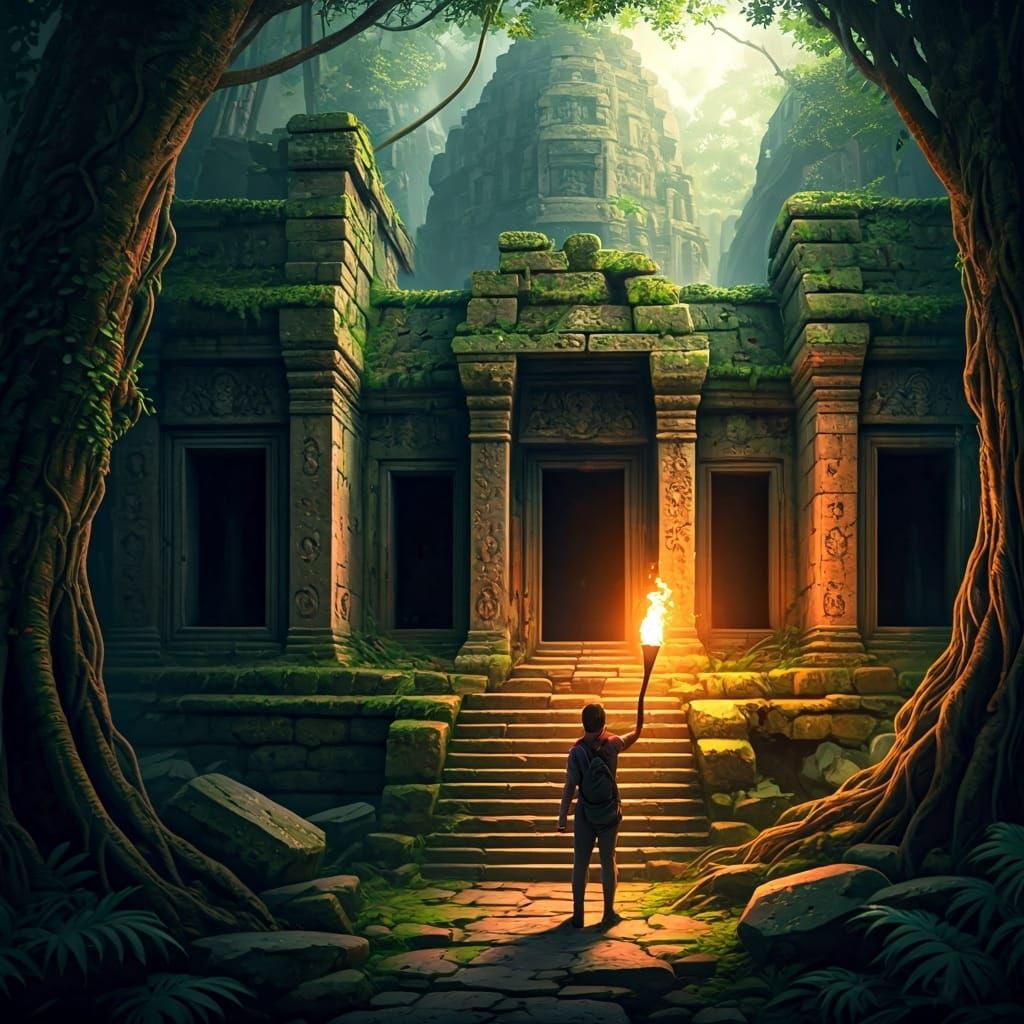 Traveler at Forgotten Temple with Ice Cream, Matte Painting