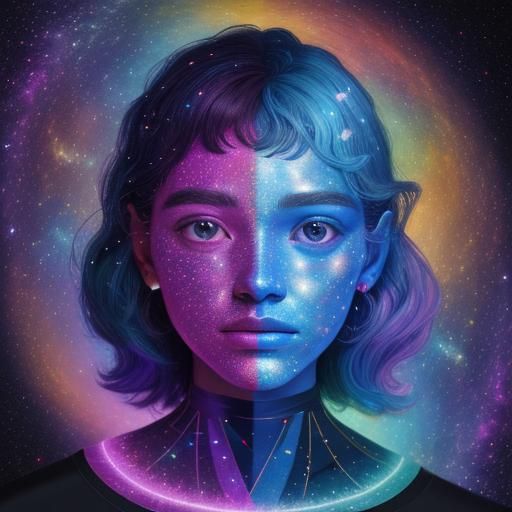 Holographic Cosmic Astral Illustration in Mixed Media