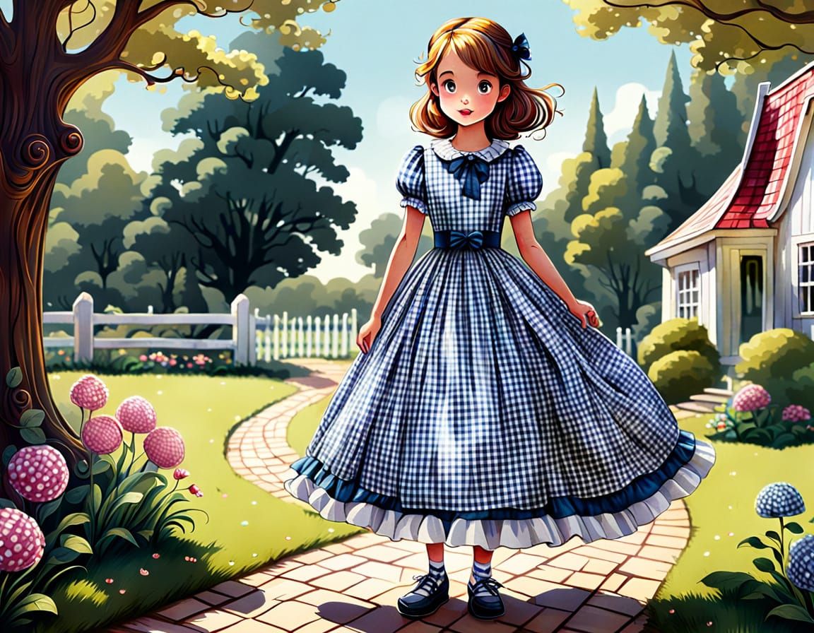 Whimsical Gingham Maiden in Cartoon Style
