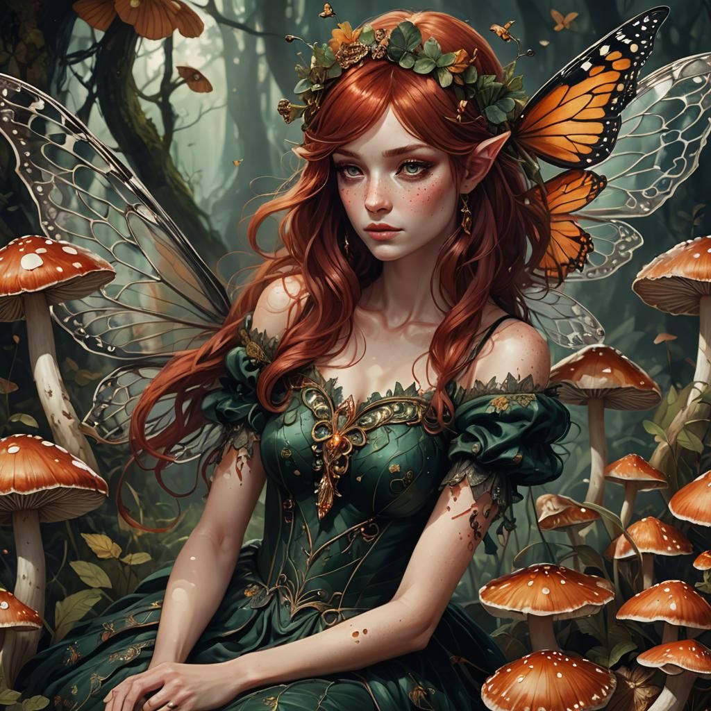 Dark Fantasy Fairy on Mushroom, Digital Art