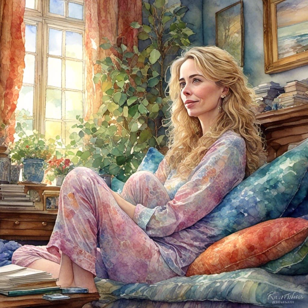 Woman Relaxing at Home in Pajamas Close Up