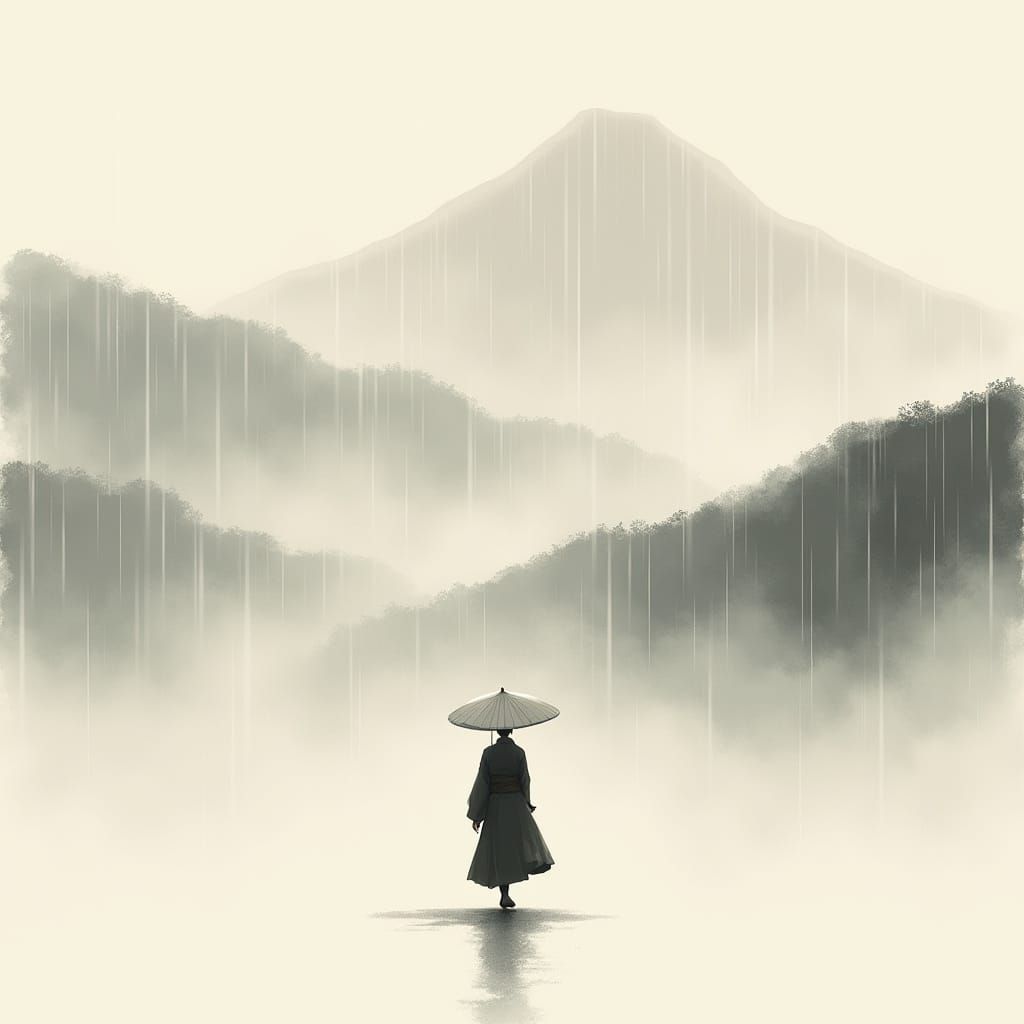 Serene Figure in Rainy Mountain Landscape, Sumi-e Ink Painti...