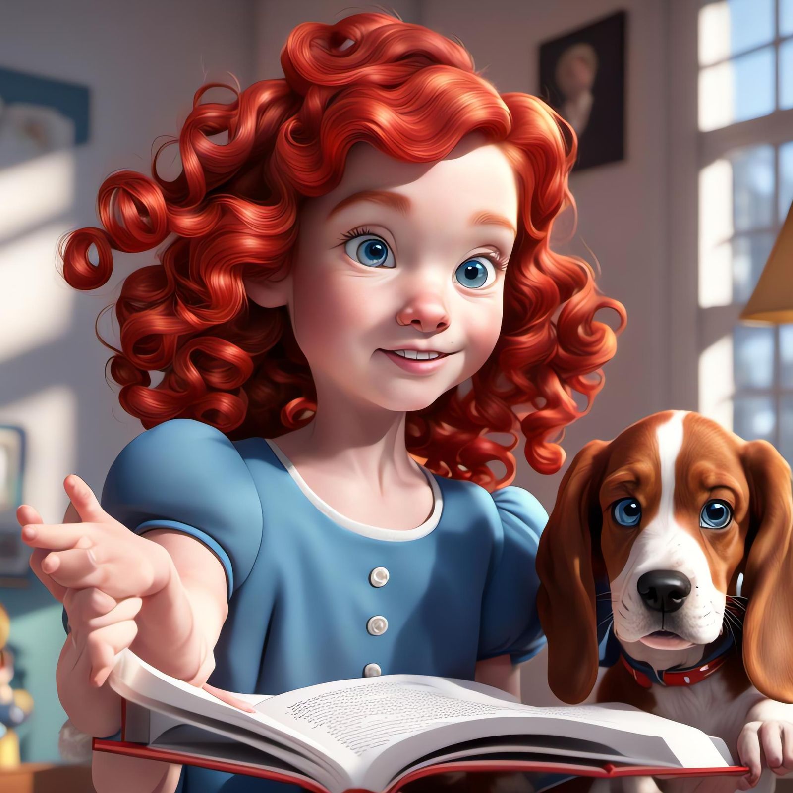 Happy Girl Reading with Puppy in Her Room