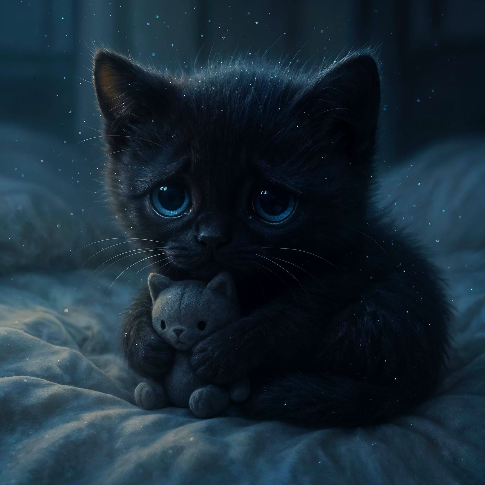 Sad Kitten Comforting Plushie: Hyper-Realistic Digital Art