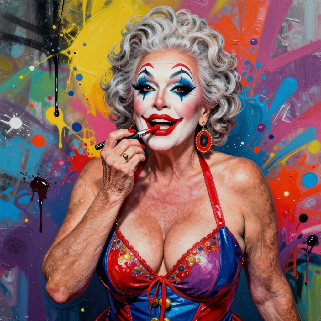 Provocative Clown Grandma Applying Lipstick in Graffiti Styl...