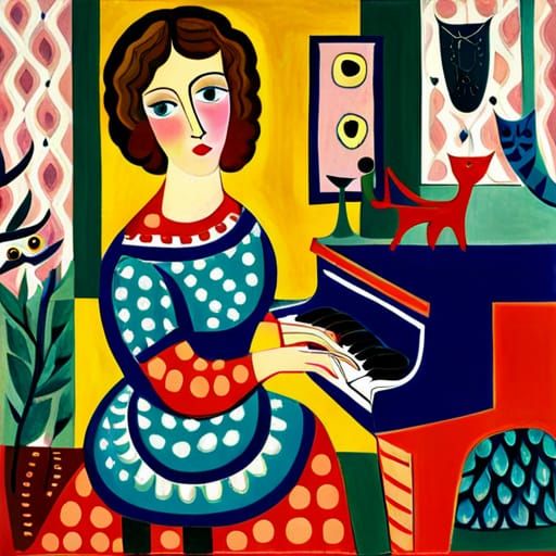 Girl Plays Piano for Cats in Surrealist Style