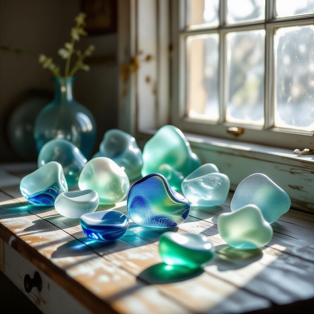 Intricate Sea Glass Sculptures on Wooden Table