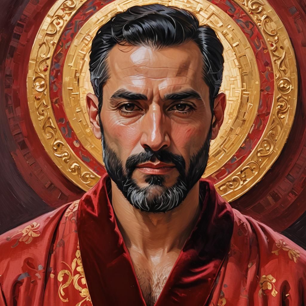 Latino Man in Red Robe, Neo-Impressionist Portrait