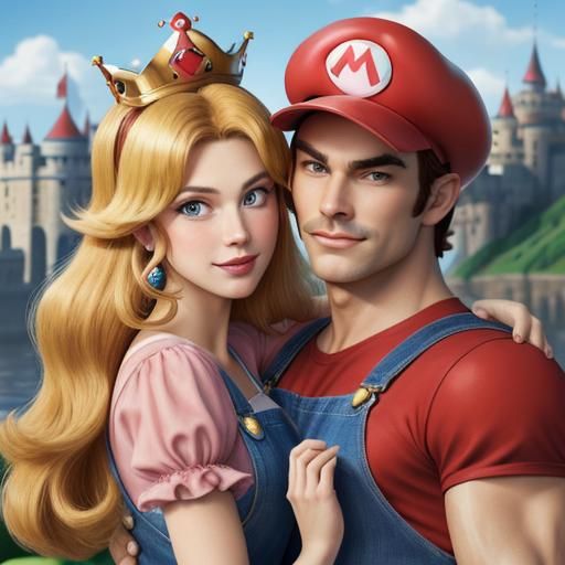 Mario and Princess Peach Hugging Portrait