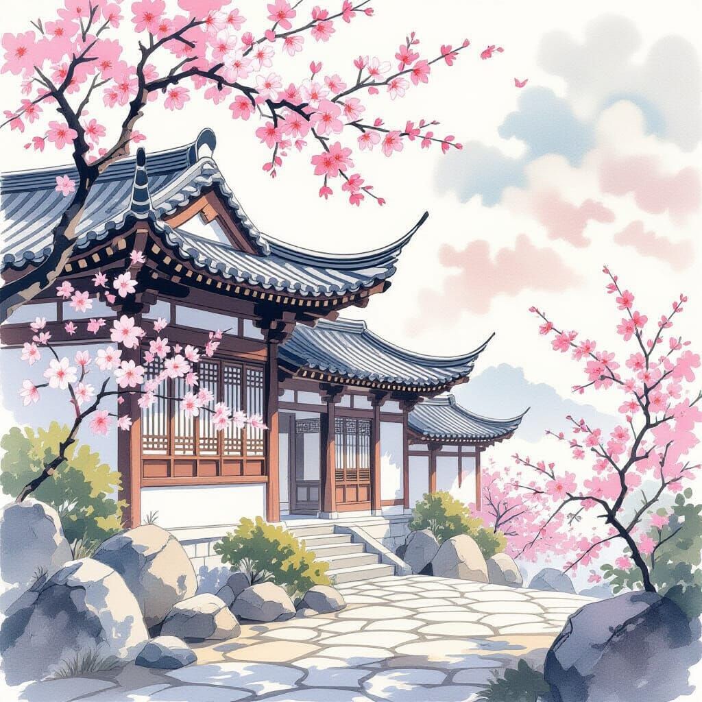 East Asian Building with Pink Blossoms in Watercolor Style