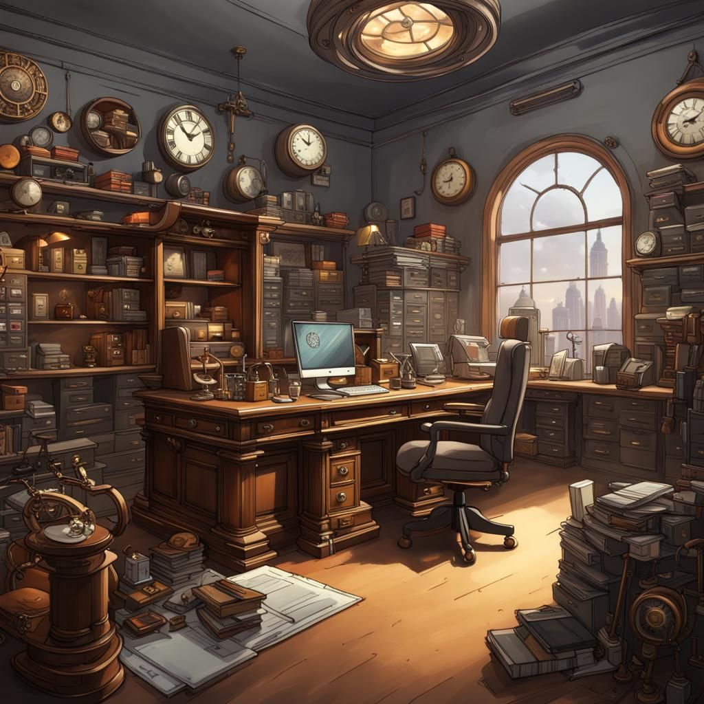 Steampunk Bank Office Interior with City View