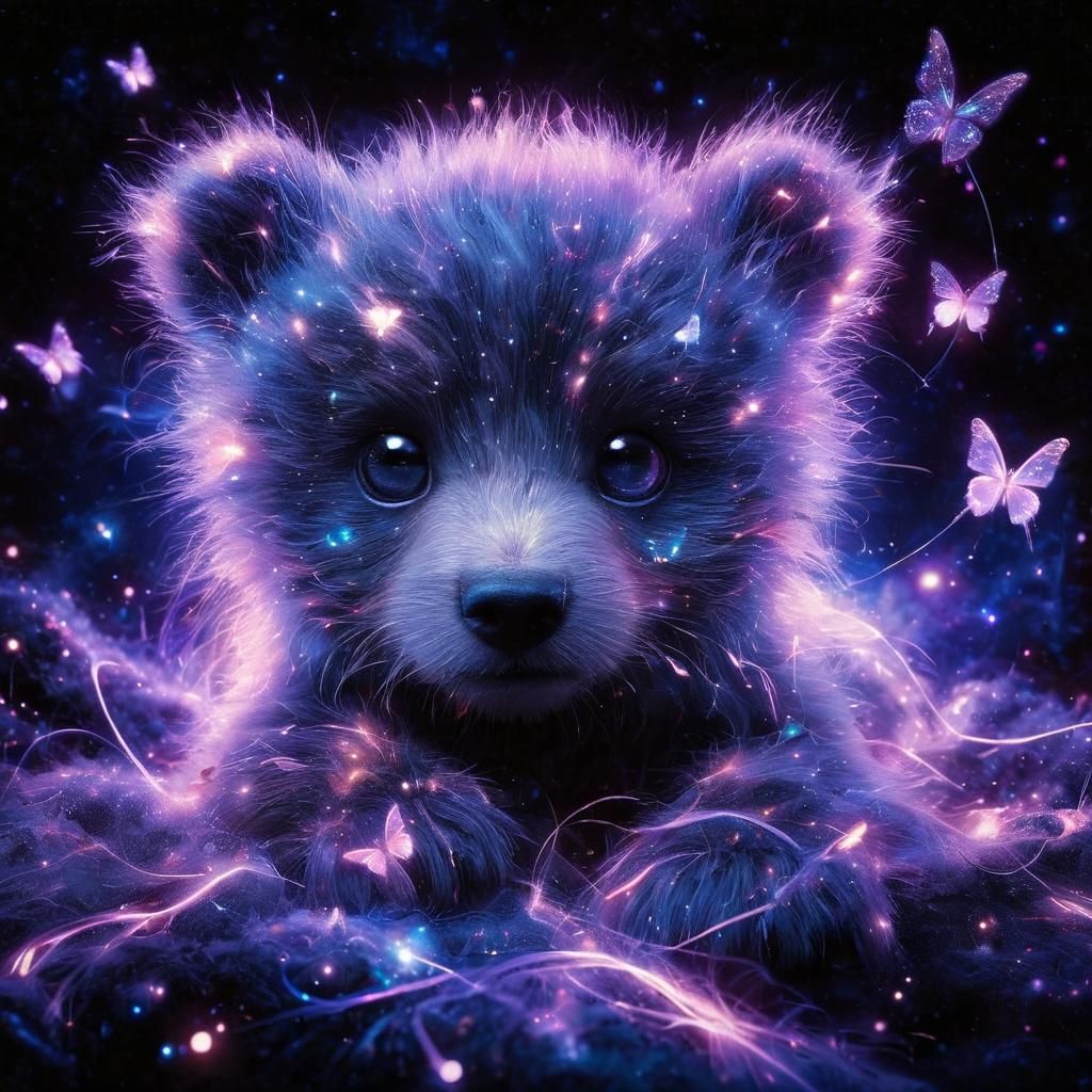 Bioluminescent Bear Cub with Cosmic Butterflies