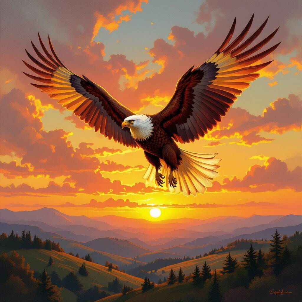 Griffin Soaring at Sunset in Classic Oil Painting Style