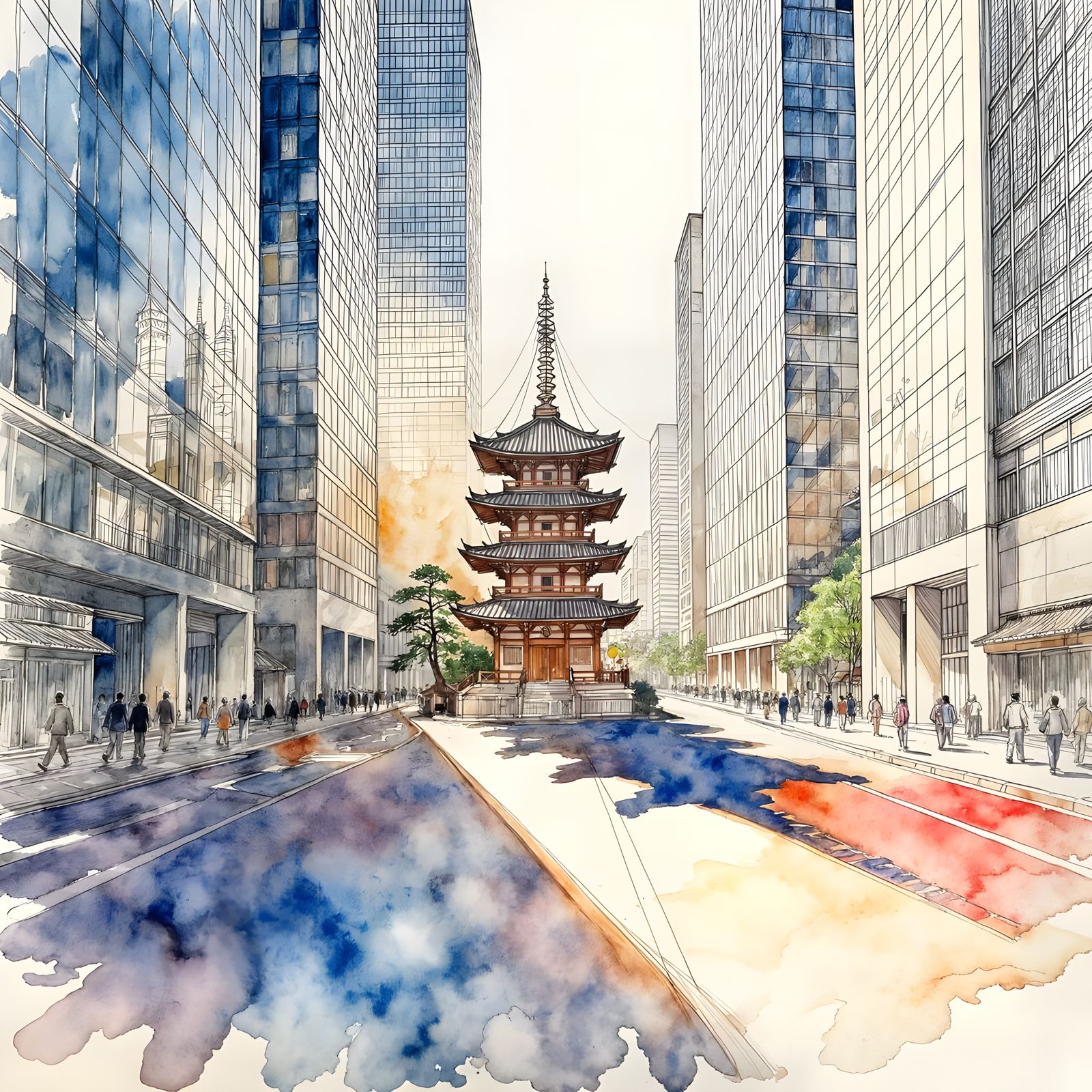 Pagoda Amidst Modern Cityscape Fine Line Drawing