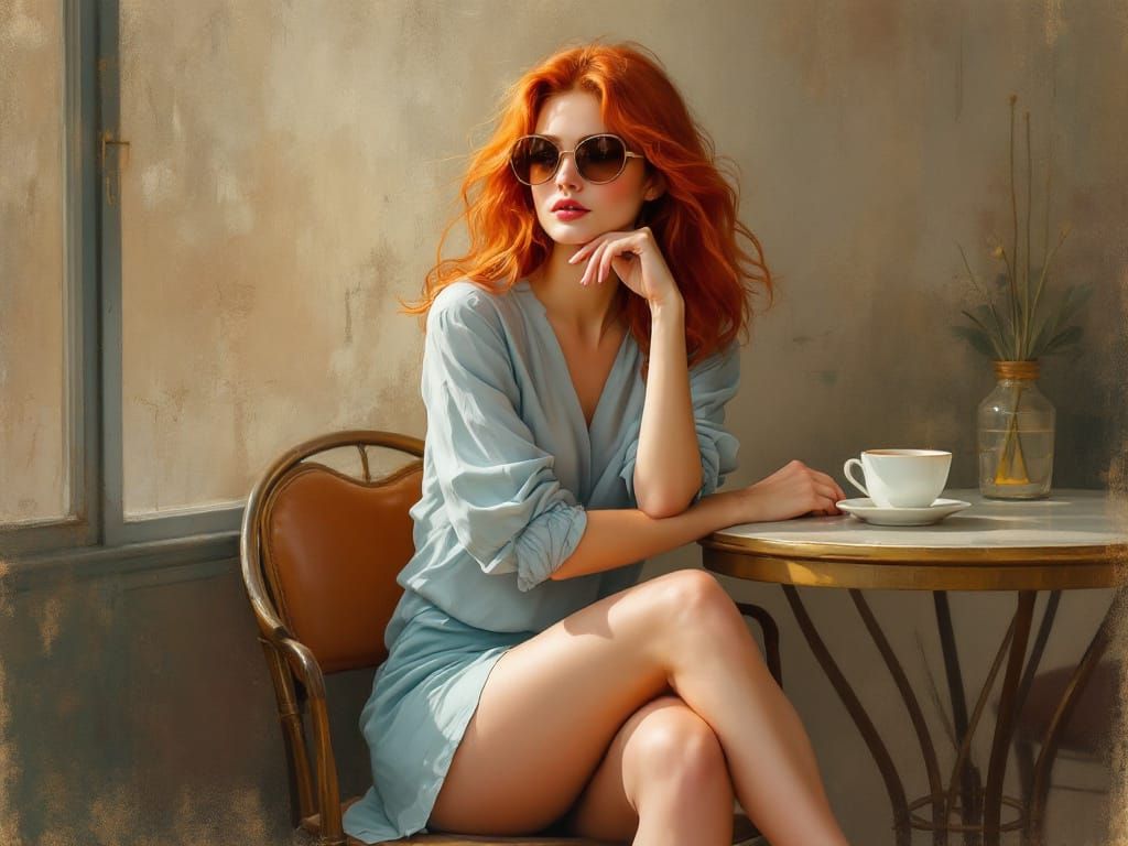 Woman Relaxing at Cafe Table in Tonalist Style