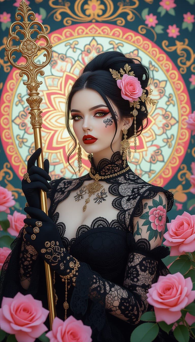 Fantasy Woman with Tattoos and Floral Accessories