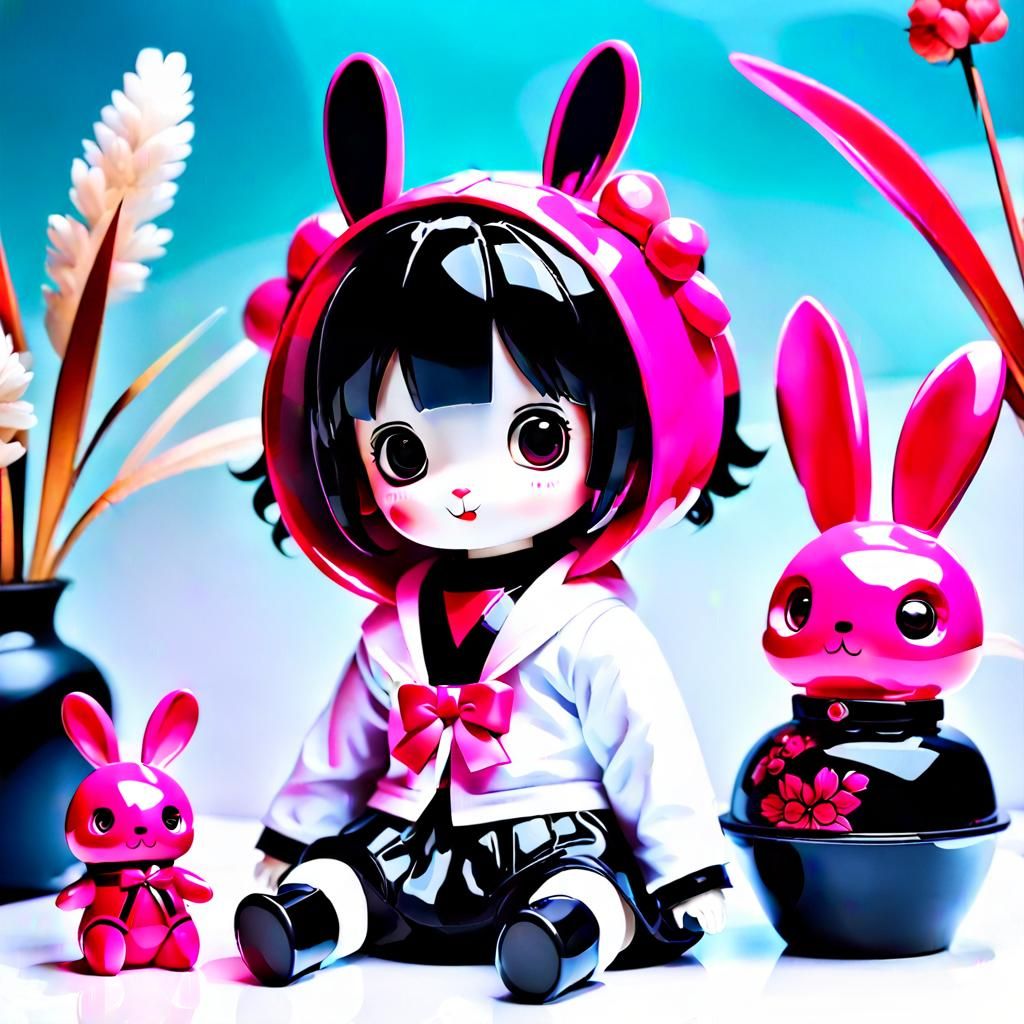 Hot Pink Rabbit Doll: Anime-Inspired Still Life