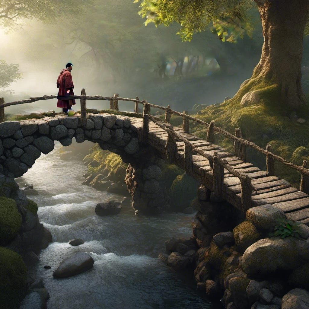 Peasant Crossing Misty Bridge in Scotland, Matte Painting
