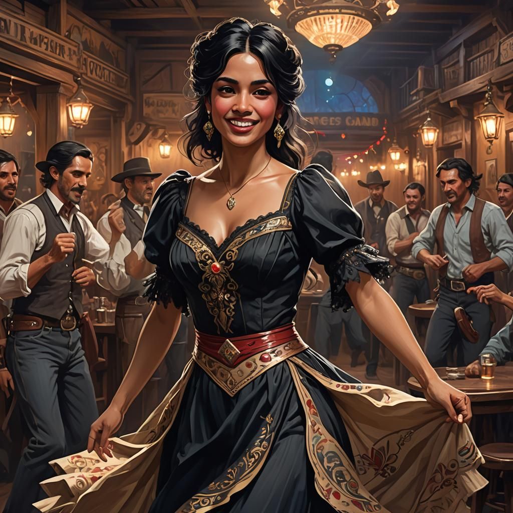 Mexican Woman Dancing in Saloon, Hyperdetailed Portrait