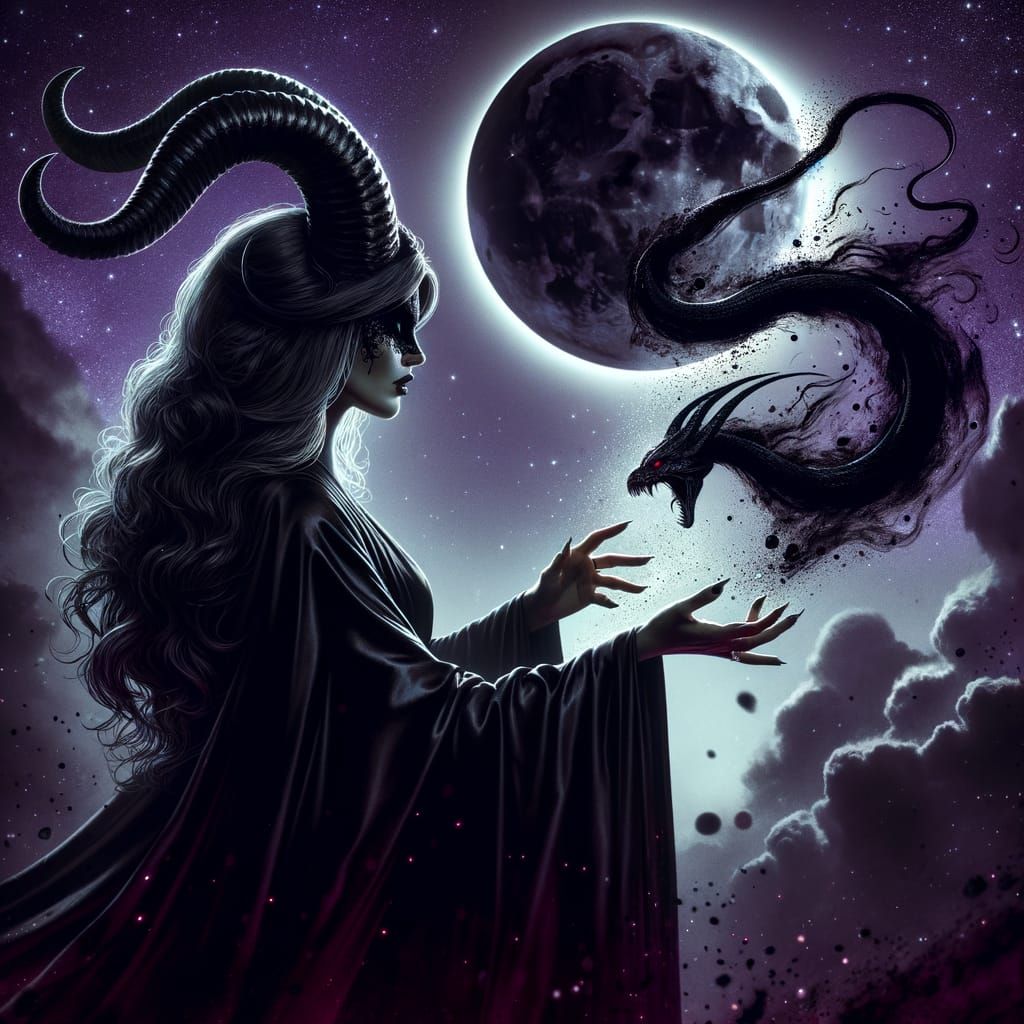 Powerful Sorceress Casting Spell During Lunar Eclipse