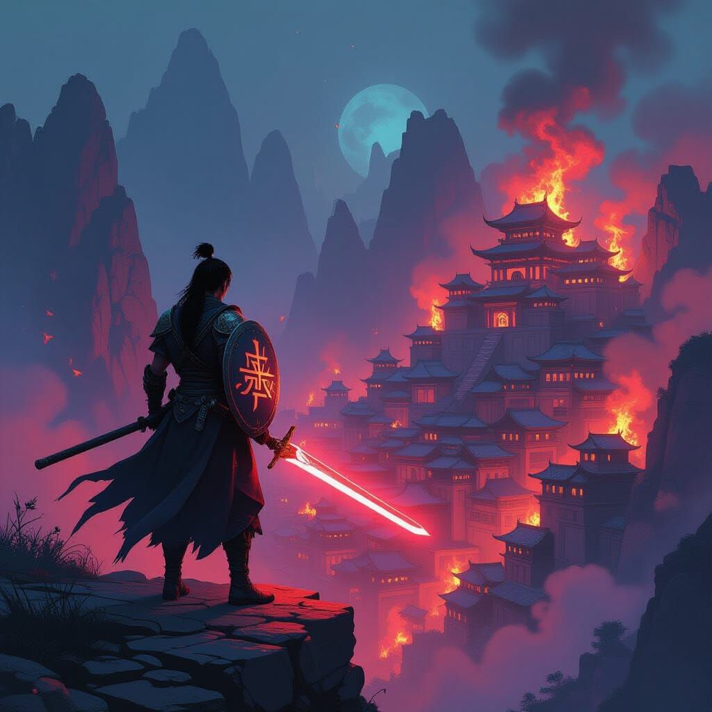 Warrior on Precipice Overlooking Burning City