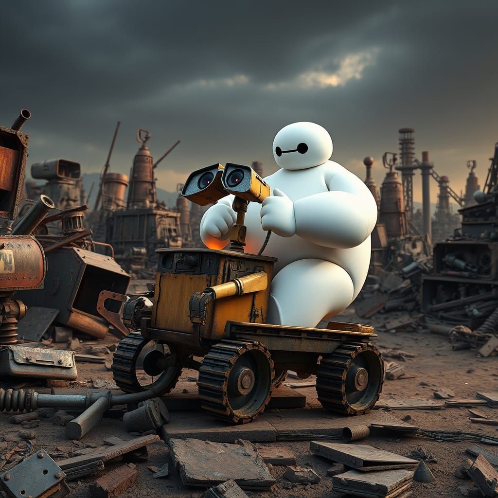 Baymax and Wall-E in a Post-Apocalyptic Landscape