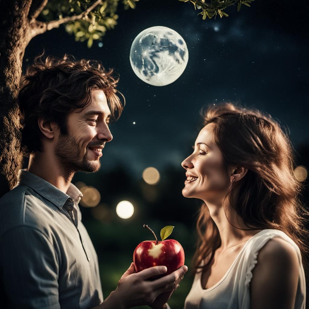 Romantic Night: Couple Shares Apple Under Shooting Stars
