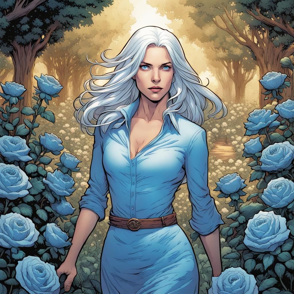 White Haired Woman in Blue Rose Garden