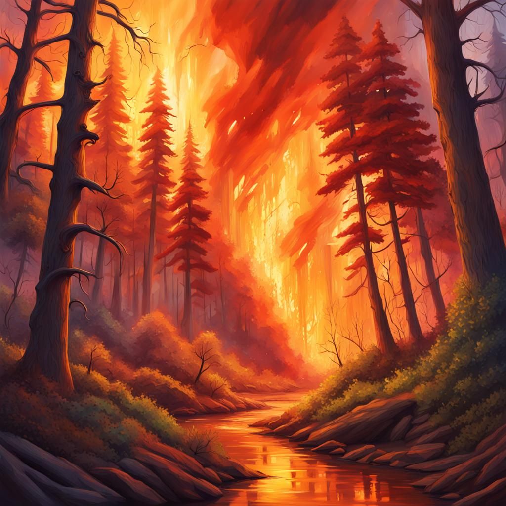 Wildfires Engulf Enchanted Forest in Splash Art Style