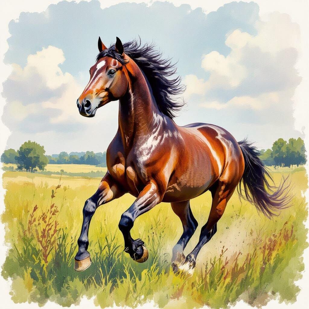 Horse in Field, Watercolor Style with Brush Texture