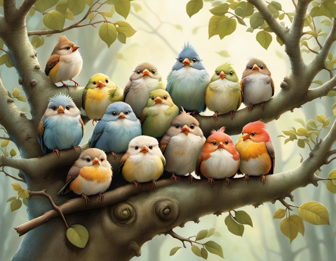 Birds Chirping on Branch in Storybook Illustration