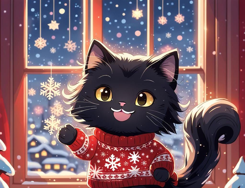 Smiling Black Cat Celebrates Christmas in Chibi Style
