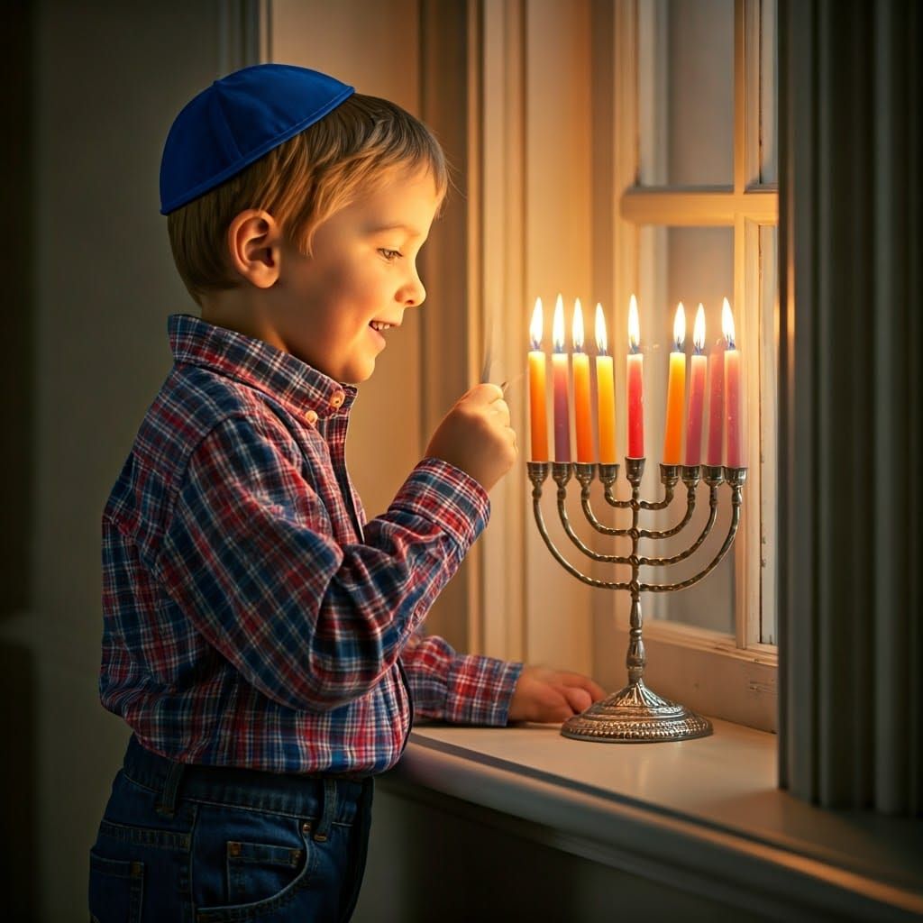Boy's Hanukkah Moment of Joy and Reverence