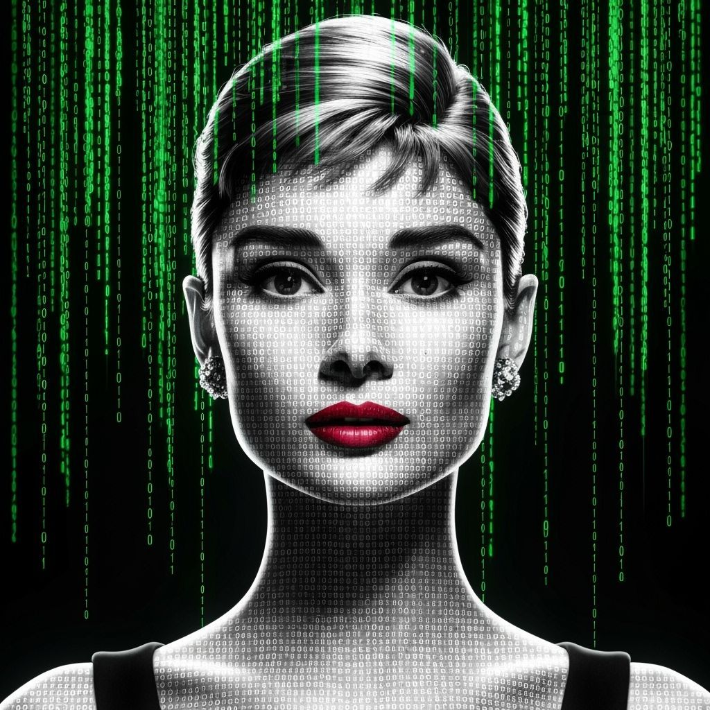 Audrey Hepburn Glitchcore Portrait with Digital Rain