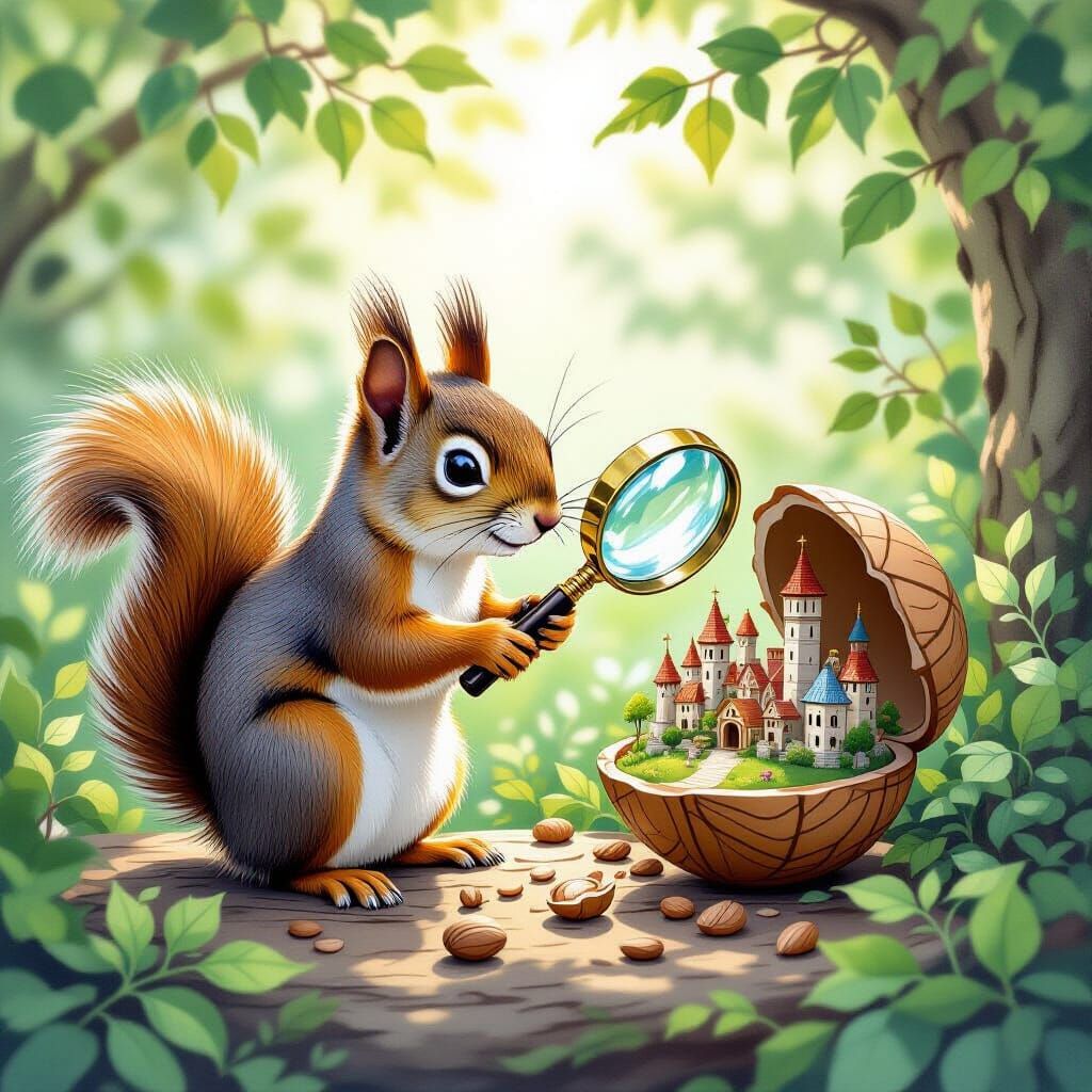 A mischievous squirrel wearing a tiny tuxedo, glass at a miniature cityscape ...
