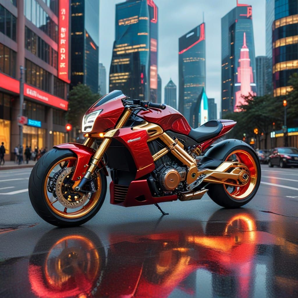 Red and Gold Futuristic Motorcycle on Holographic Street