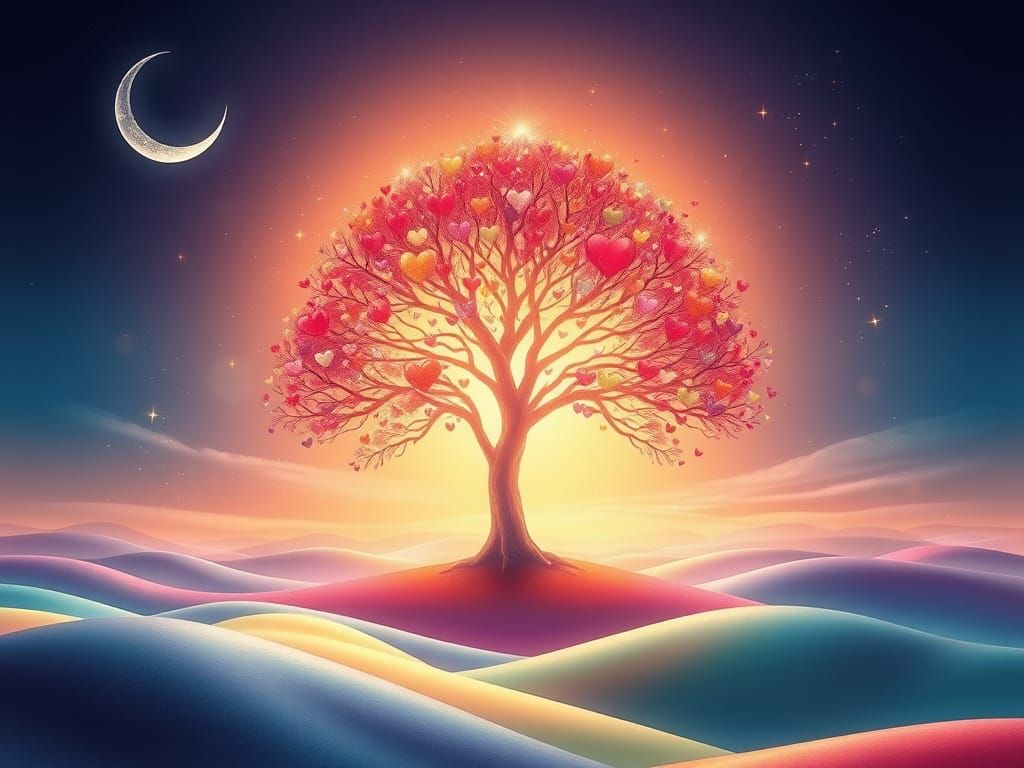 Enchanted Tree of Radiant Hearts in a Surreal Landscape