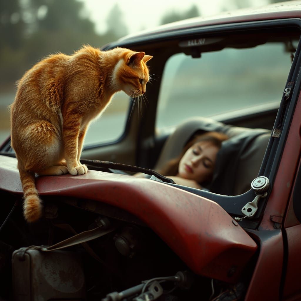 Orange Tabby Cat on Wrecked Car: Cinematic Still