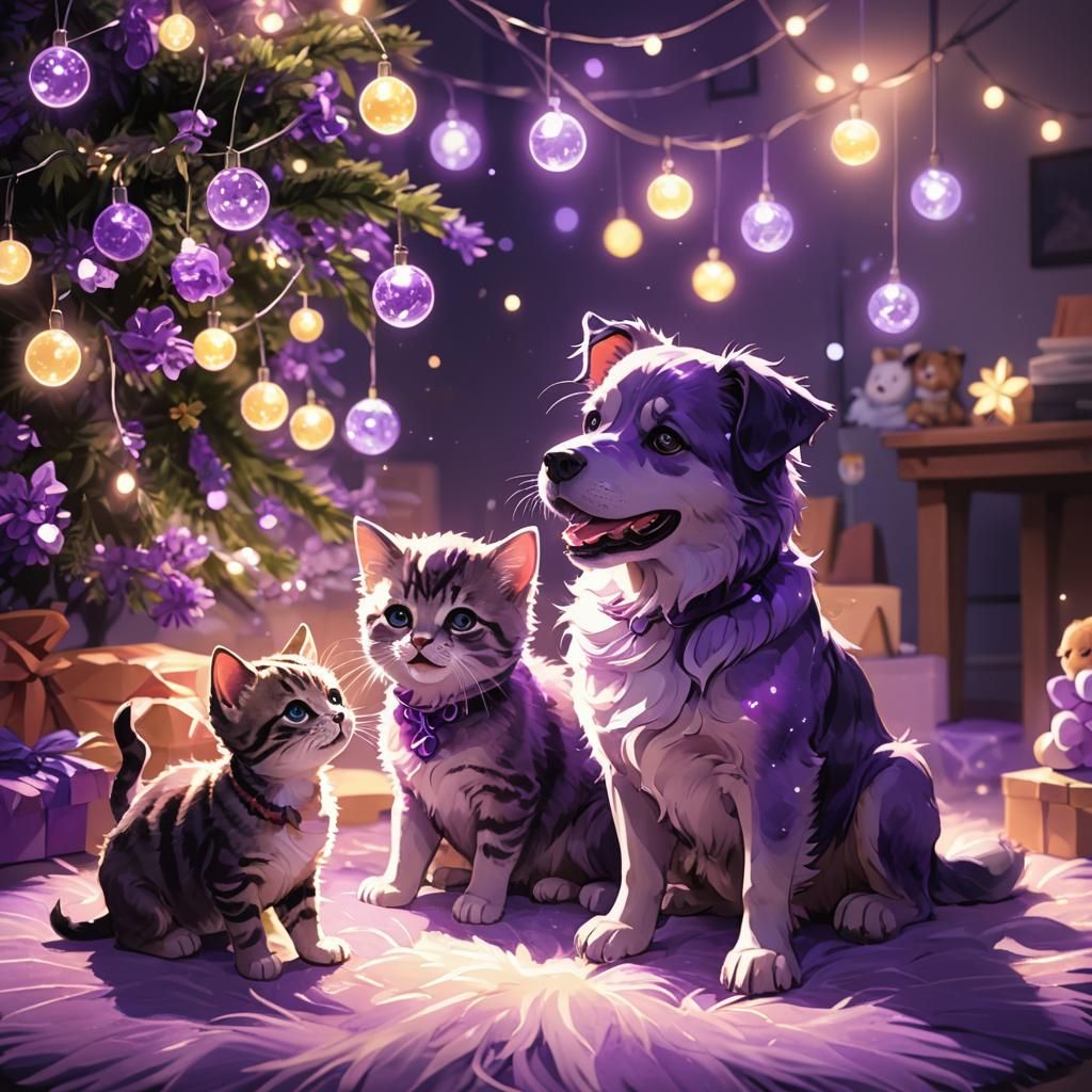 Anime Style: Baby, Dog, and Cat with Neon Aura